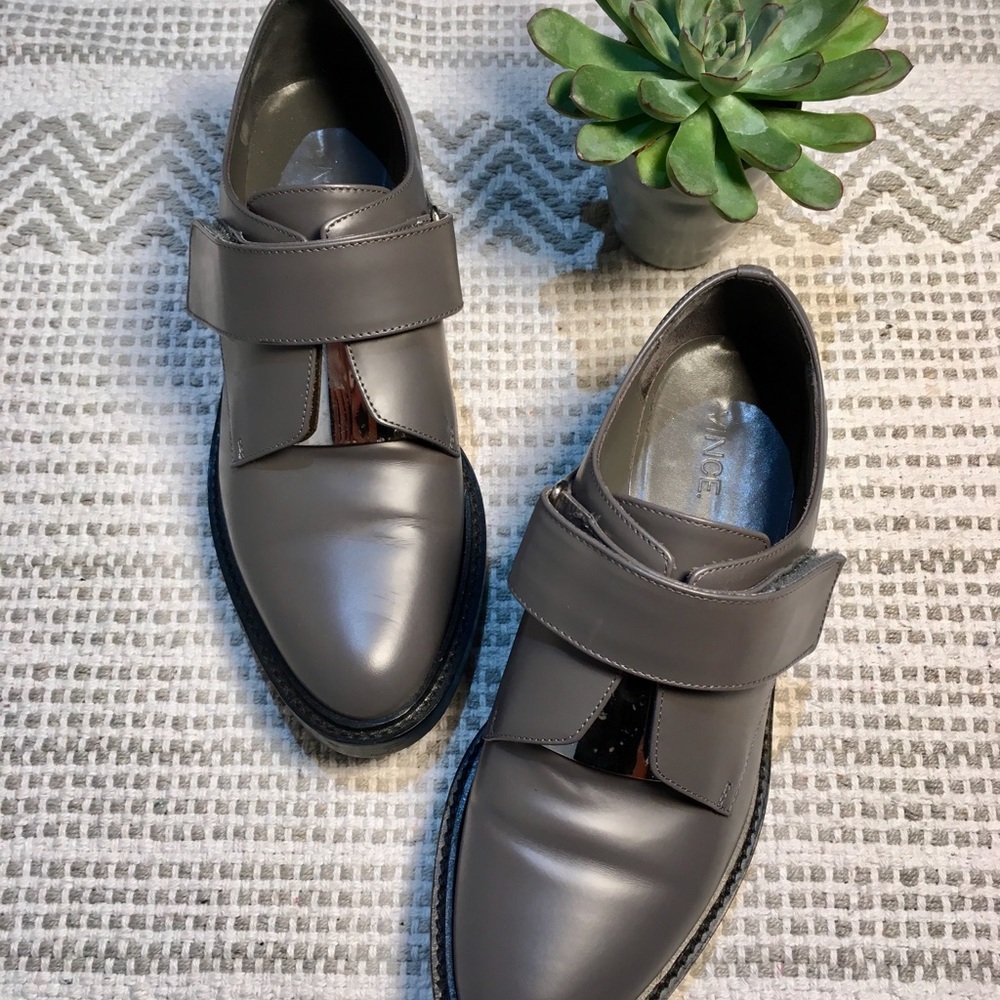 VINCE Gray Wren Platform Leather Oxford Flats